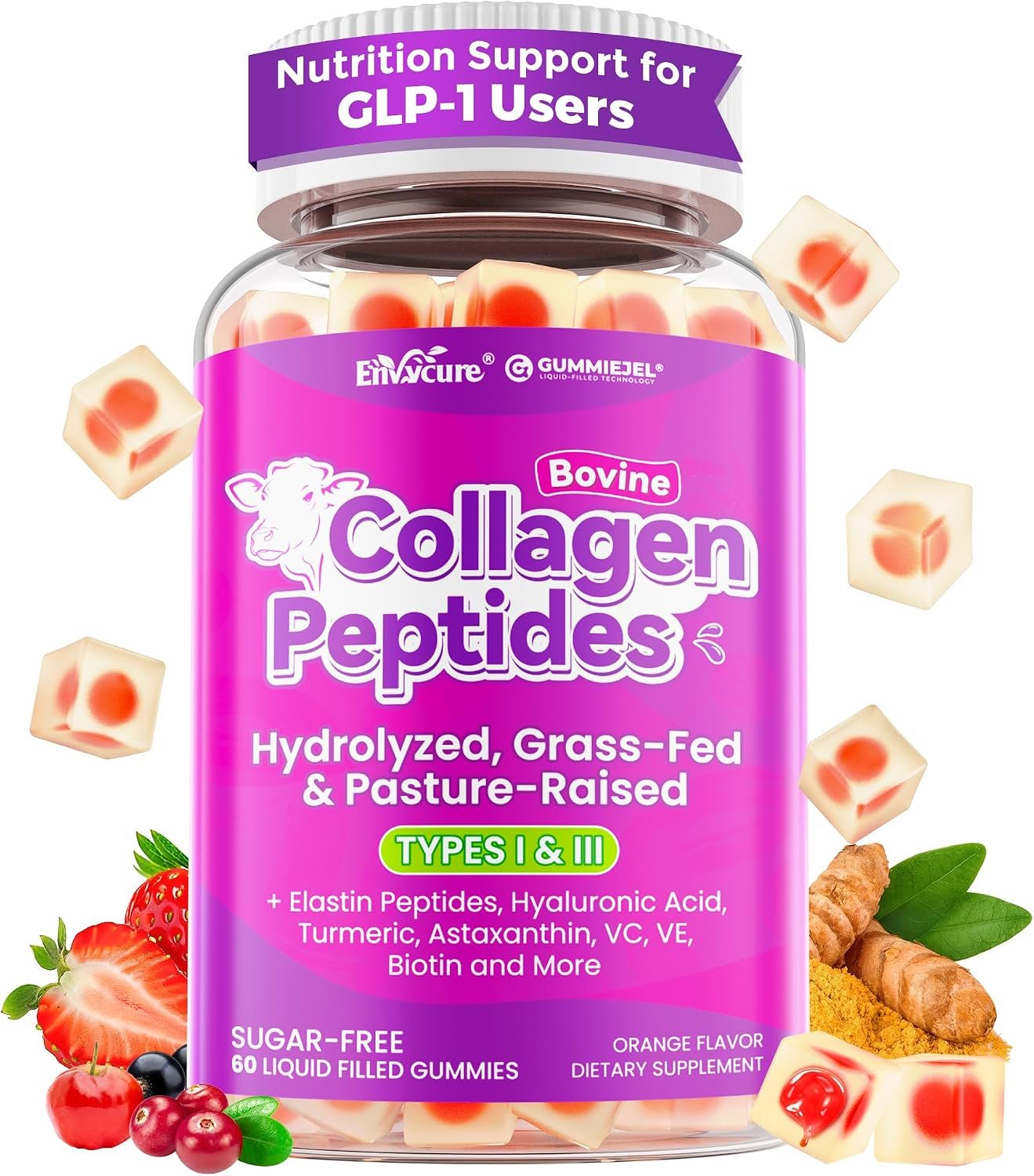 Collagen Gummies for Women Men, 4g / 2g Hydrolyzed Collagen Peptides Type I, III from Grass-Fed Bovine, + Elastin Peptides, Hyaluronic Acid, Biotin, Vitamin C for Skin, Hair, Nails, Sugar-Free, 1 Pack