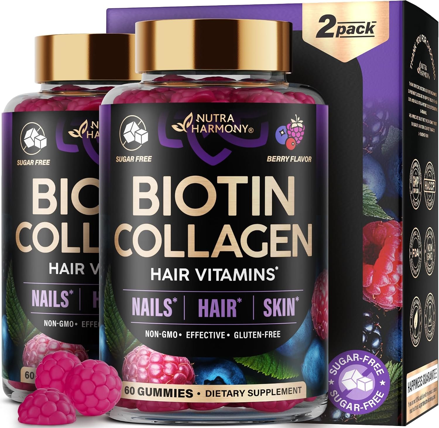 Biotin Gummies for Hair Growth Support – for Women & Men – Berry, Pack of 2