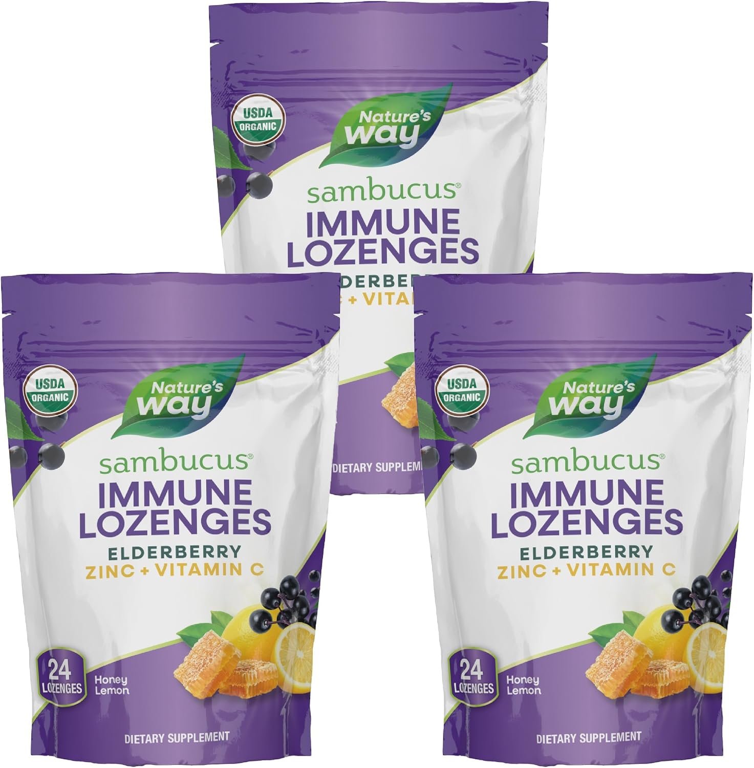 Nature’s Way Sambucus Zinc Lozenges With Elderberry and Vitamin C, Honey Lemon Flavor, 24 Lozenges (3 Pack)