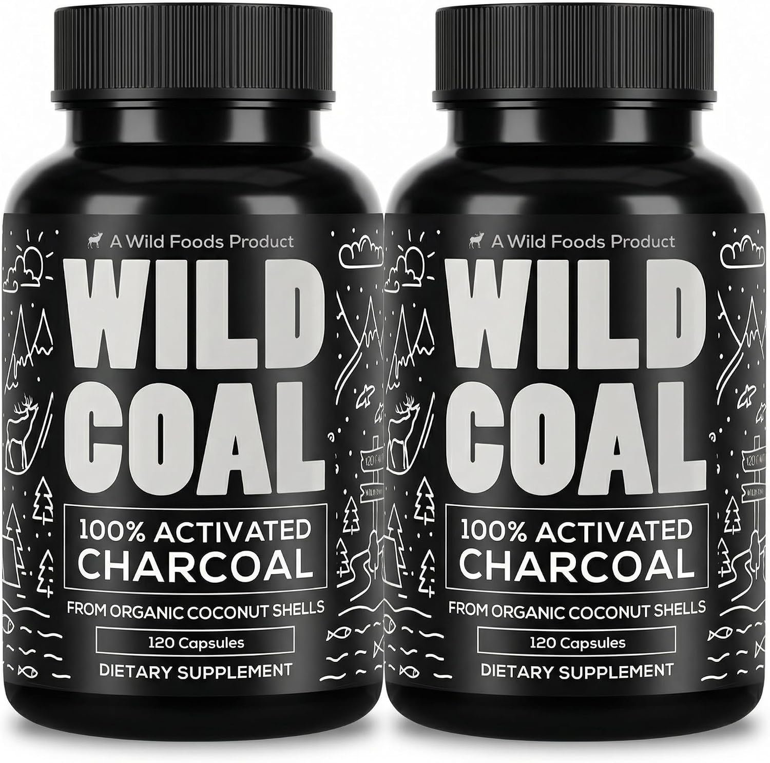 Wild Foods Activated Charcoal Capsules, 100% Organic Coconut Shells, 2 Pack