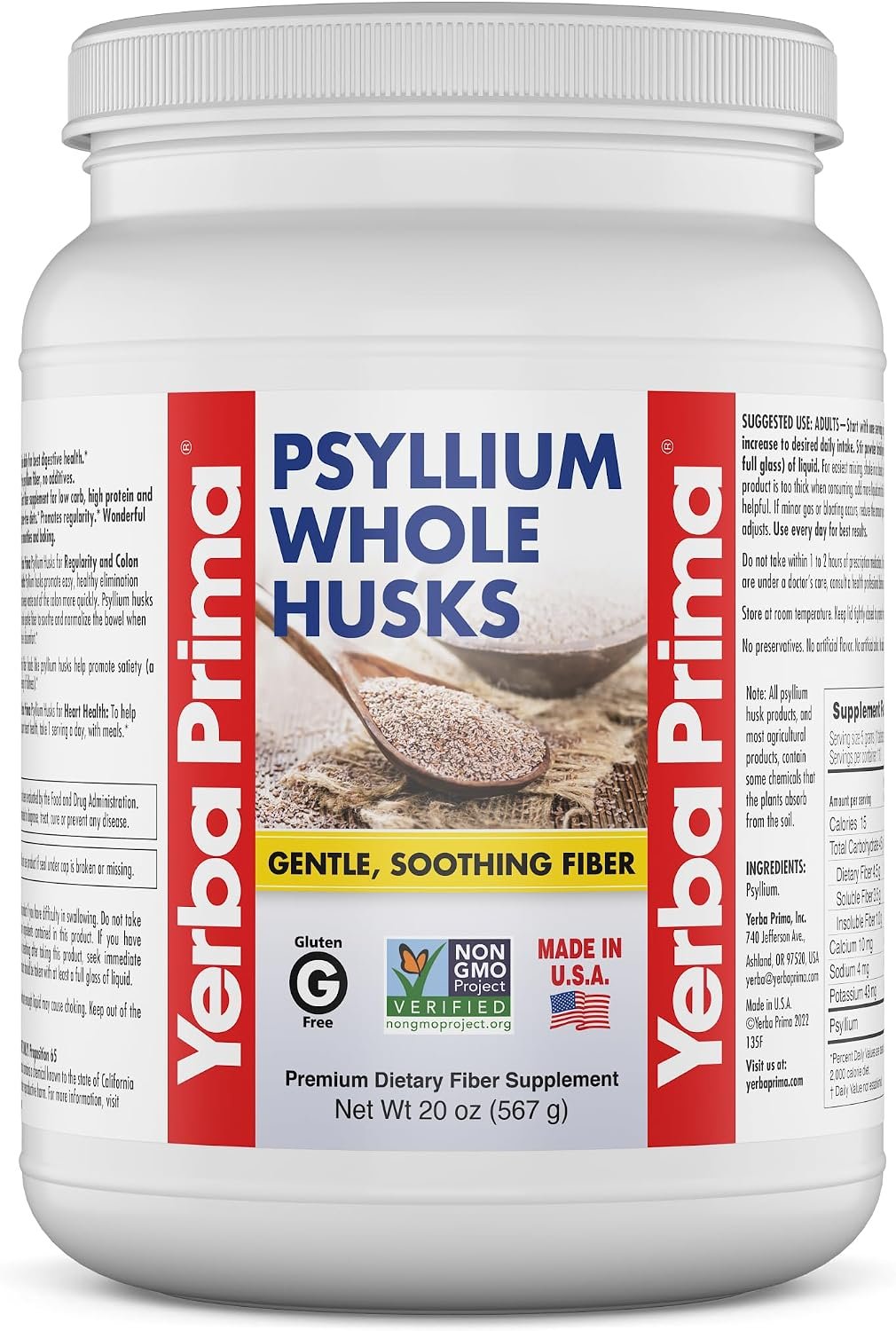 Yerba Prima Psyllium Whole Husks Fiber Supplement 20oz – Colon Cleanse – Gut Health – Vegan Non-GMO Gluten Free