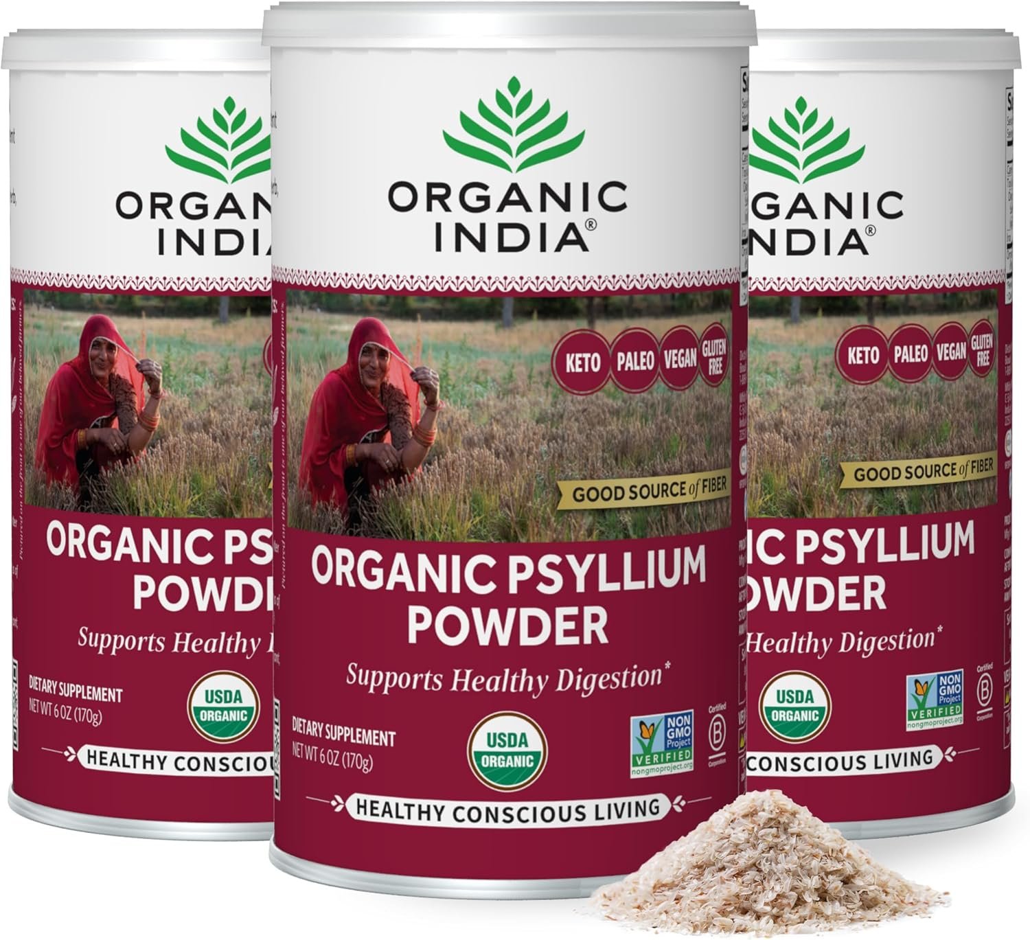ORGANIC INDIA Psyllium Powder Organic, Digestion Support, 6 oz (Pack of 3)