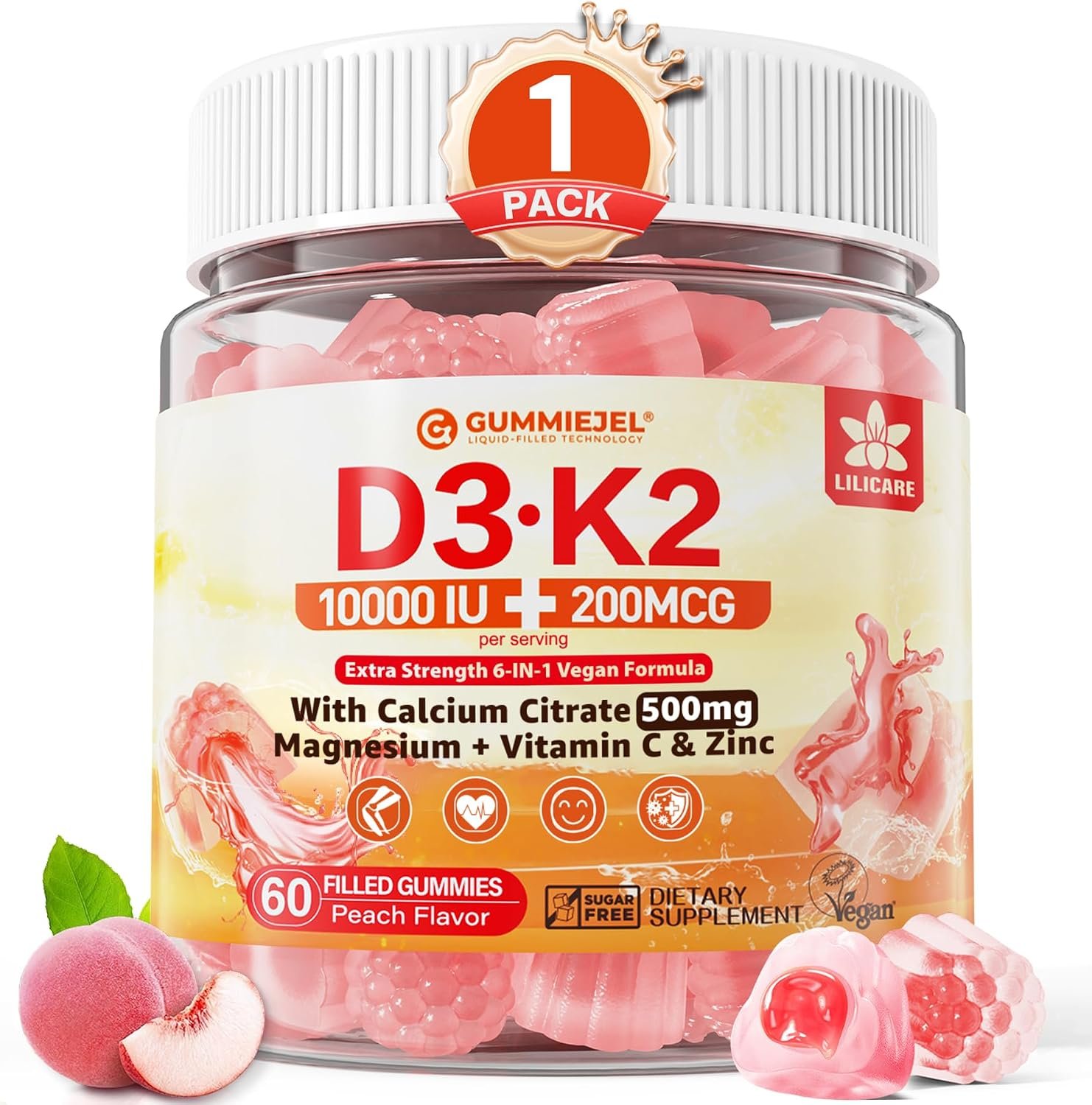 Vitamin D3 K2 Gummies 5,000 IU / 10,000 IU, Calcium + Magnesium,Vegan,60Cts