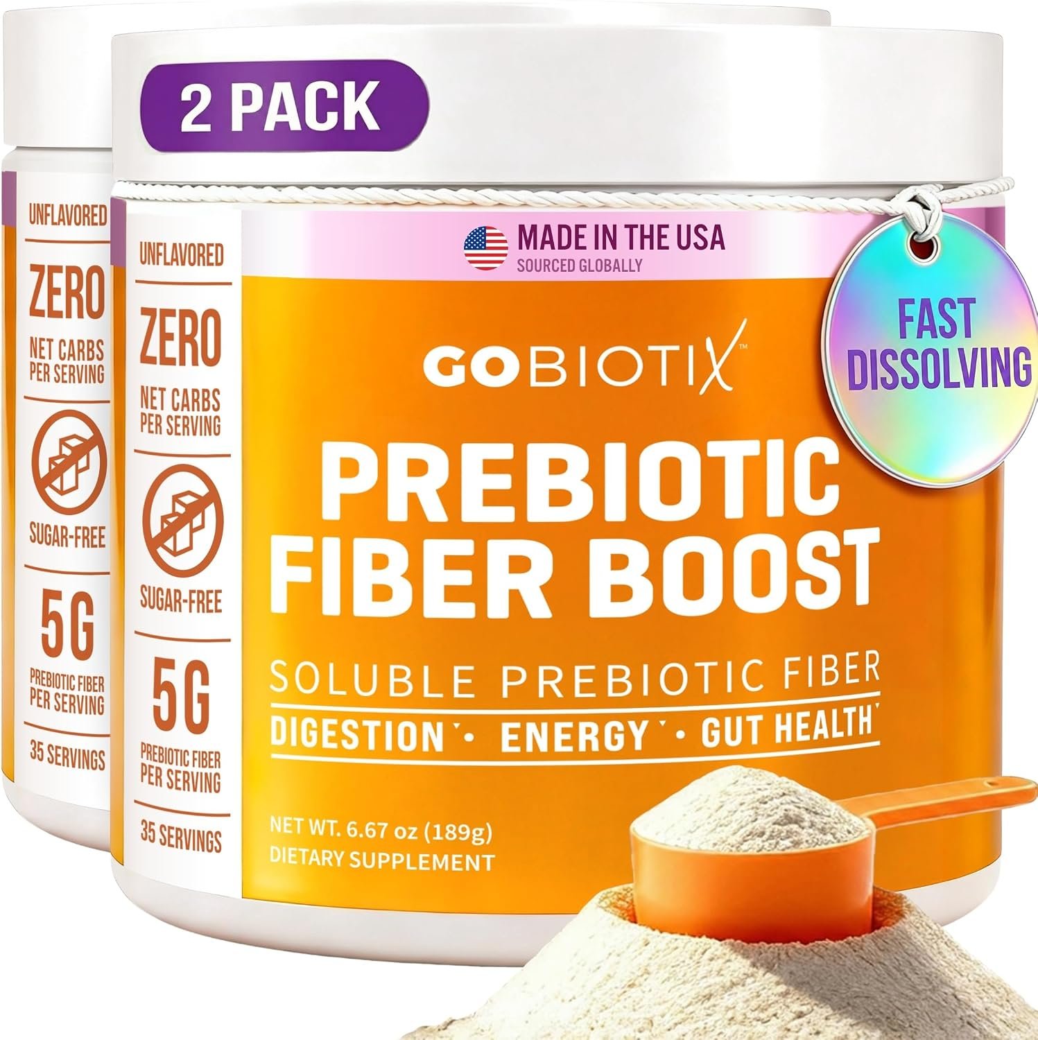 GoBiotix Fiber Supplement Powder with Prebiotics for Digestive Health and GLP-1 Support, Soluble Fiber for Gut Health & Debloat, Keto, Vegan, Gluten & Sugar Free, 35 Servings (2 Pack)