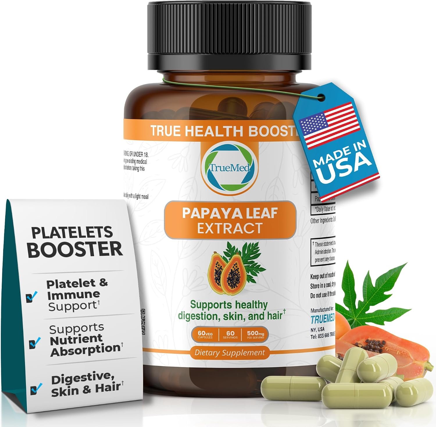 Papaya Leaf Extract 500mg, Supports Blood Platelets, Hair, Skin 60 Capsules