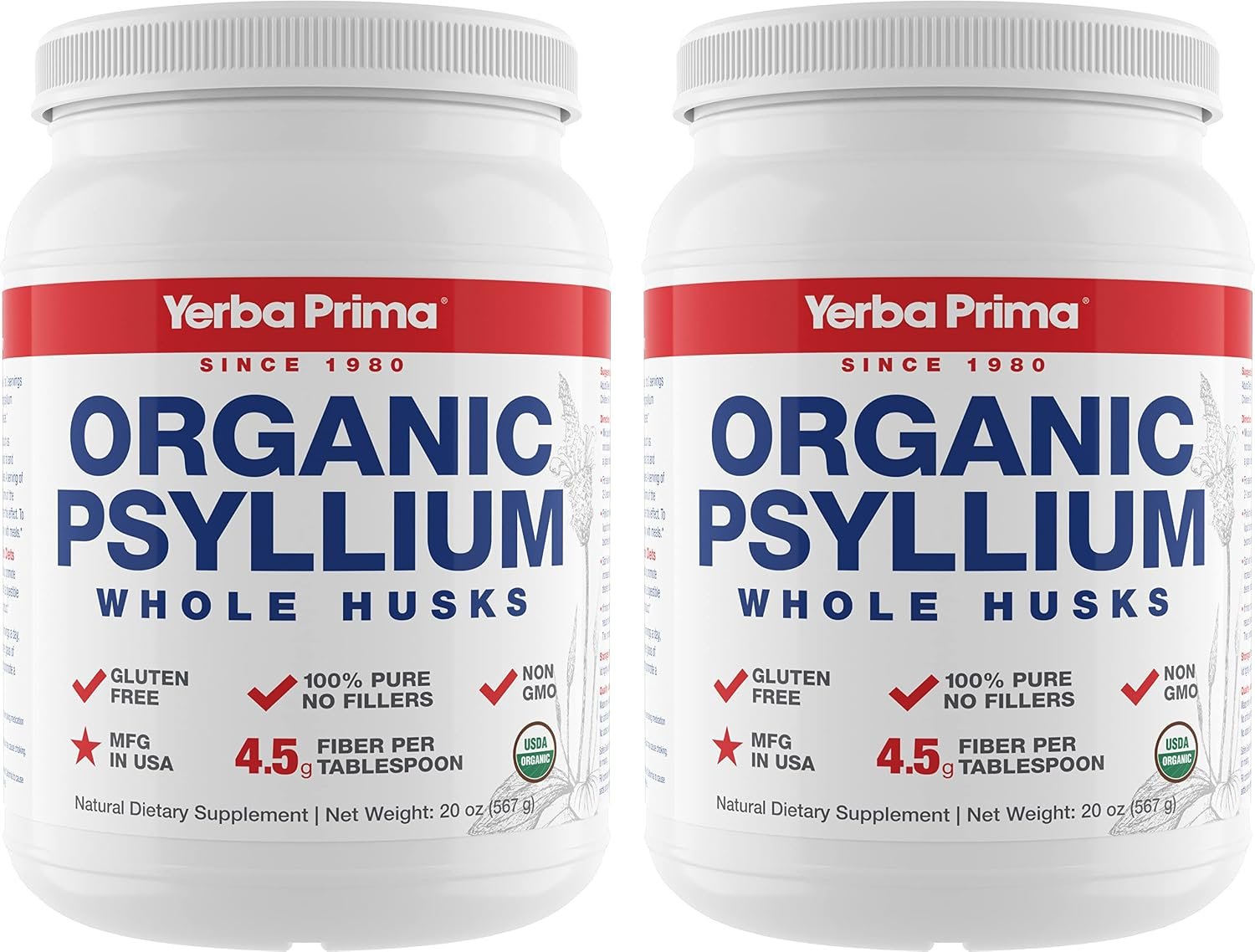 Yerba Prima Organic Whole Psyllium Husks Fiber – 20 oz (Pack of 2) – Natural Daily Dietary Fiber Supplement, Colon Cleanser, Regularity & Detox Cleansing Support, Gluten Free, Non GMO, Vegan