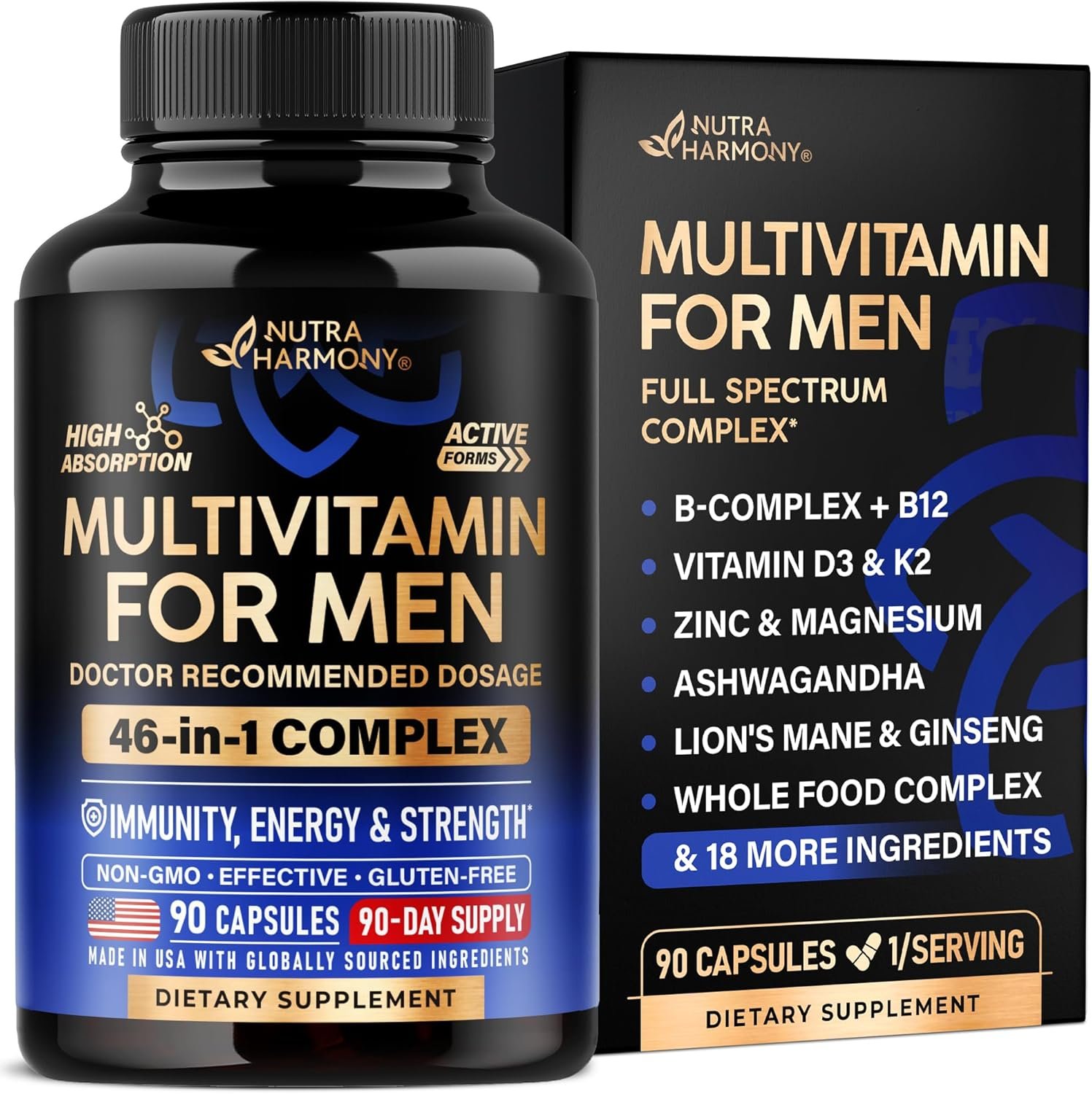 Multivitamin for Men – B-Complex & B12 | Whole Foods & Enzymes – 90 Caps