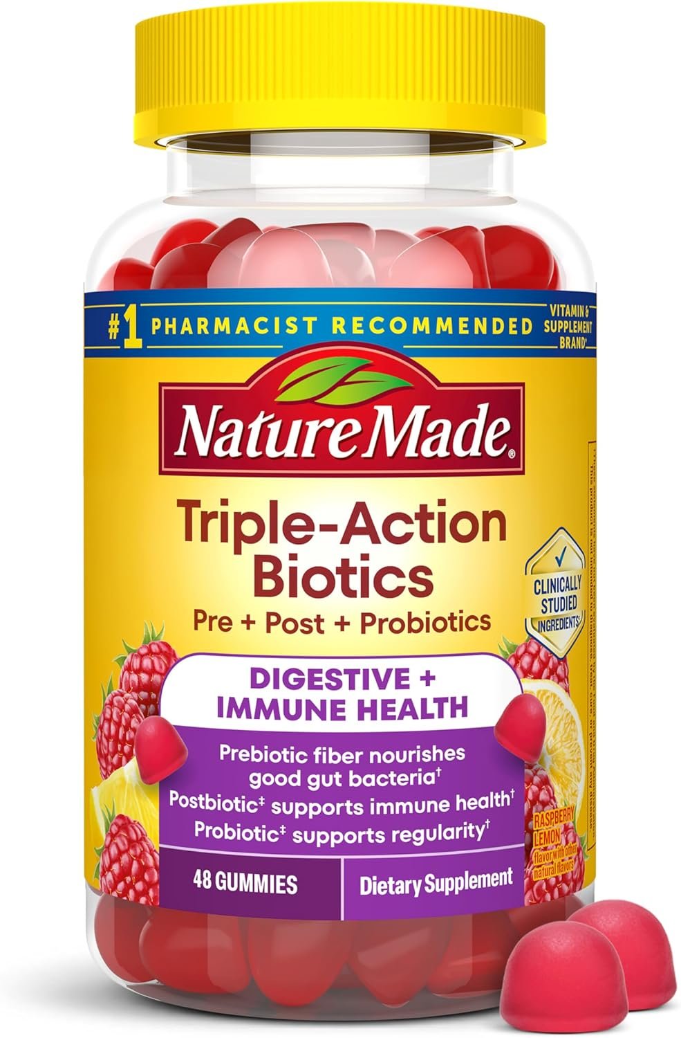Nature Made Triple-Action Biotics, Prebiotic Fiber Gummies, 48 Gummies
