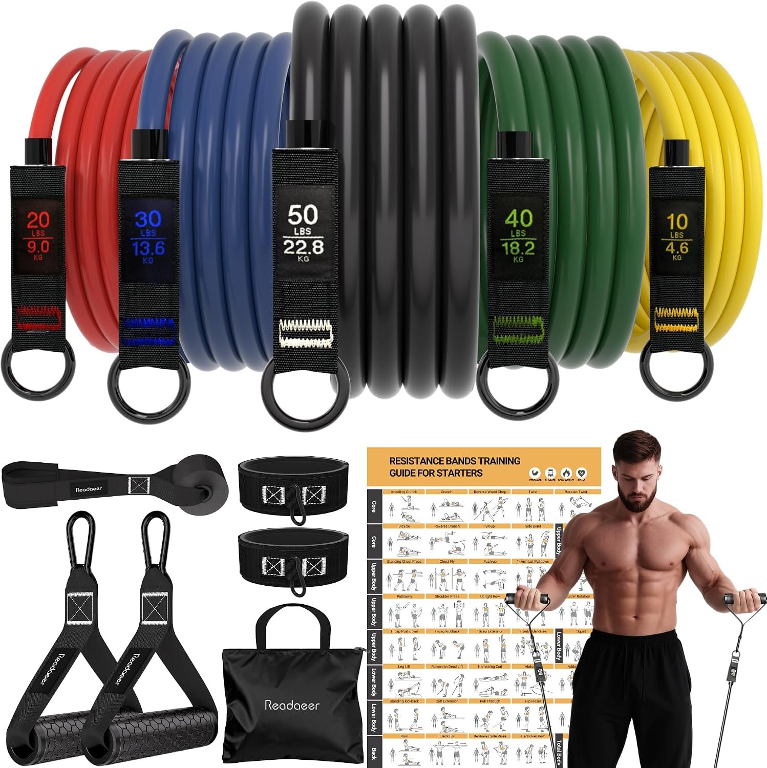 READAEER Resistance Bands, 10-150 LBS Exercise Bands with Handles, Ankle Straps & Door Anchor, Adjustable Workout Bands for Full Body Strength Training, Home, Gym & Travel