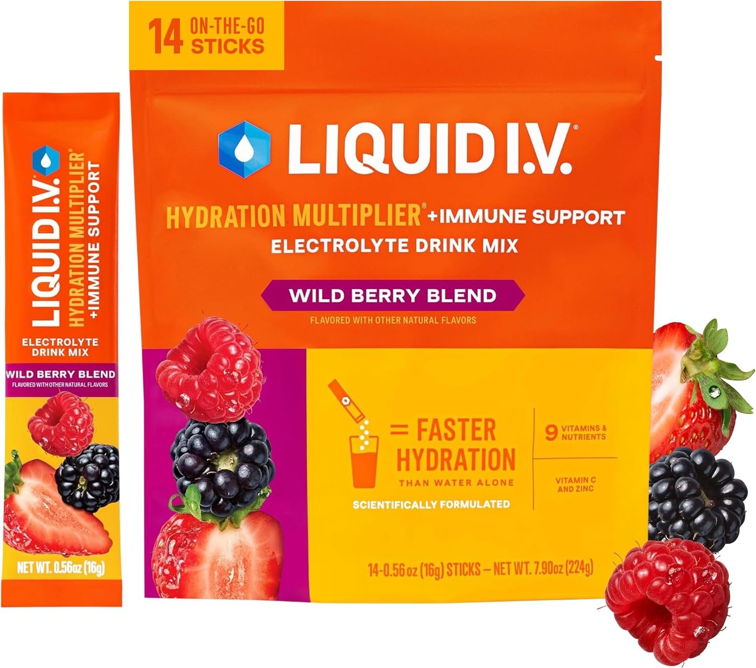Liquid I.V. Hydration + Immune Electrolytes, Wild Berry Blend, 14 Count