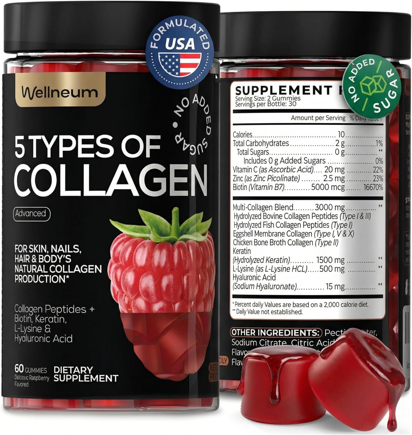 Collagen Peptides Gummies Sugar Free 3000mg Multi Collagen Blend for Hair, Skin & Nails Support + 1500mg Keratin + 3000mcg Biotin, Hyaluronic Acid, Vitamin C & Zinc, 60 Gummies (Packaging May Vary)