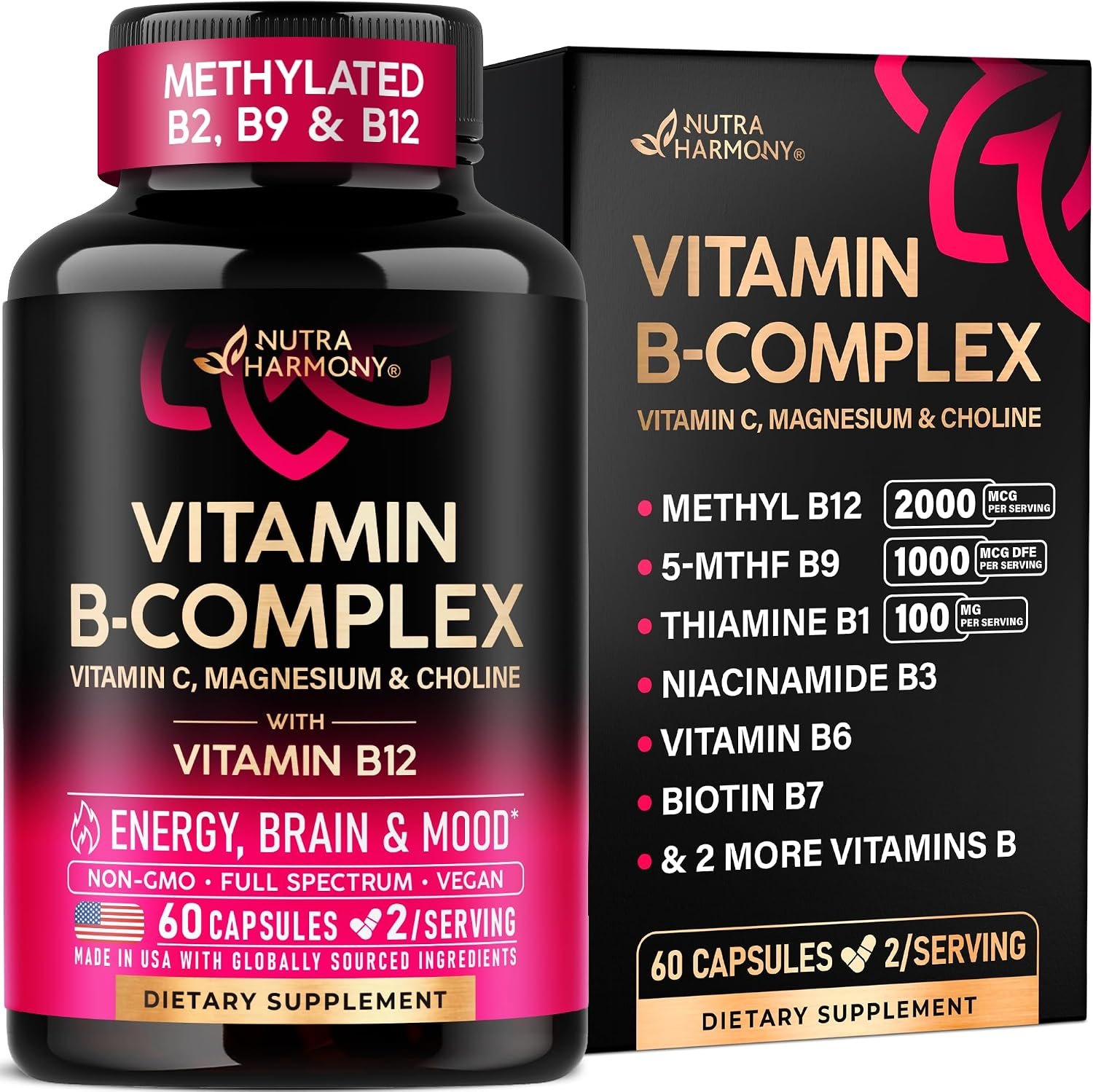 Vitamin B Complex for Men & Women – Full B-Complex & Vitamin B12 – 60 Caps