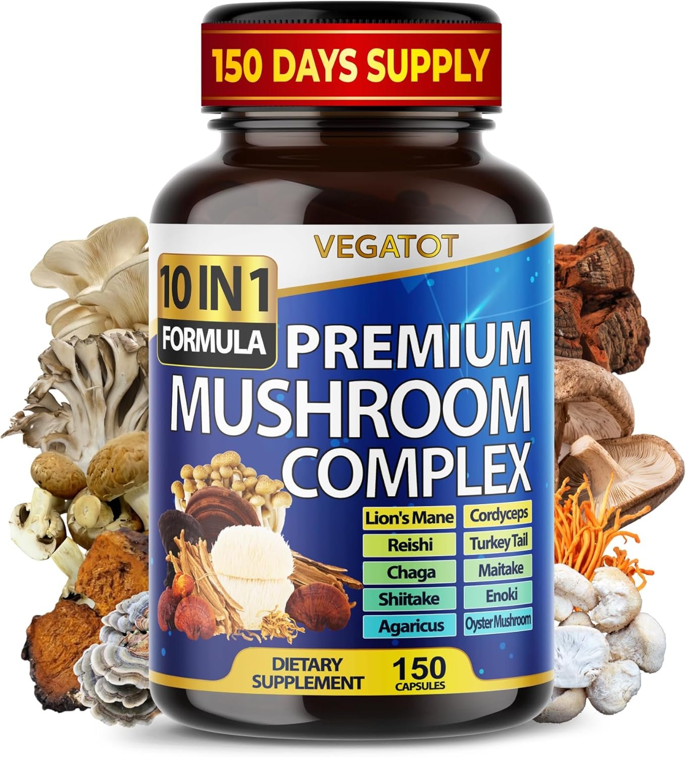 Vegatot Premium Mushroom Complex 10-in-1 with Lion’s Mane, 150 Capsules