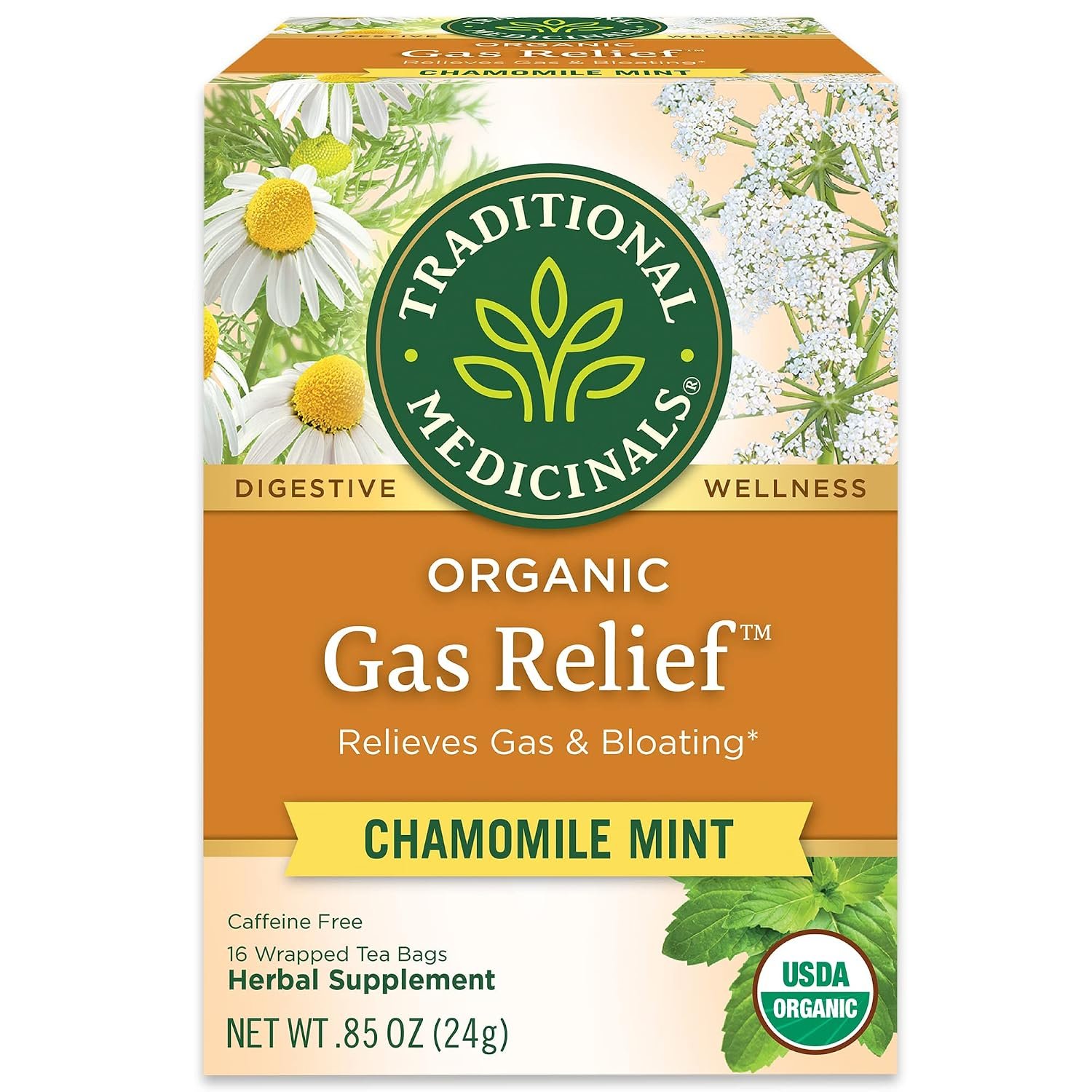 Traditional Medicinals Tea, Organic Gas Relief – Relieves Gas & Bloating, Chamomile Mint – Kosher, Non-GMO, Caffeine-Free – 16 Tea Bags