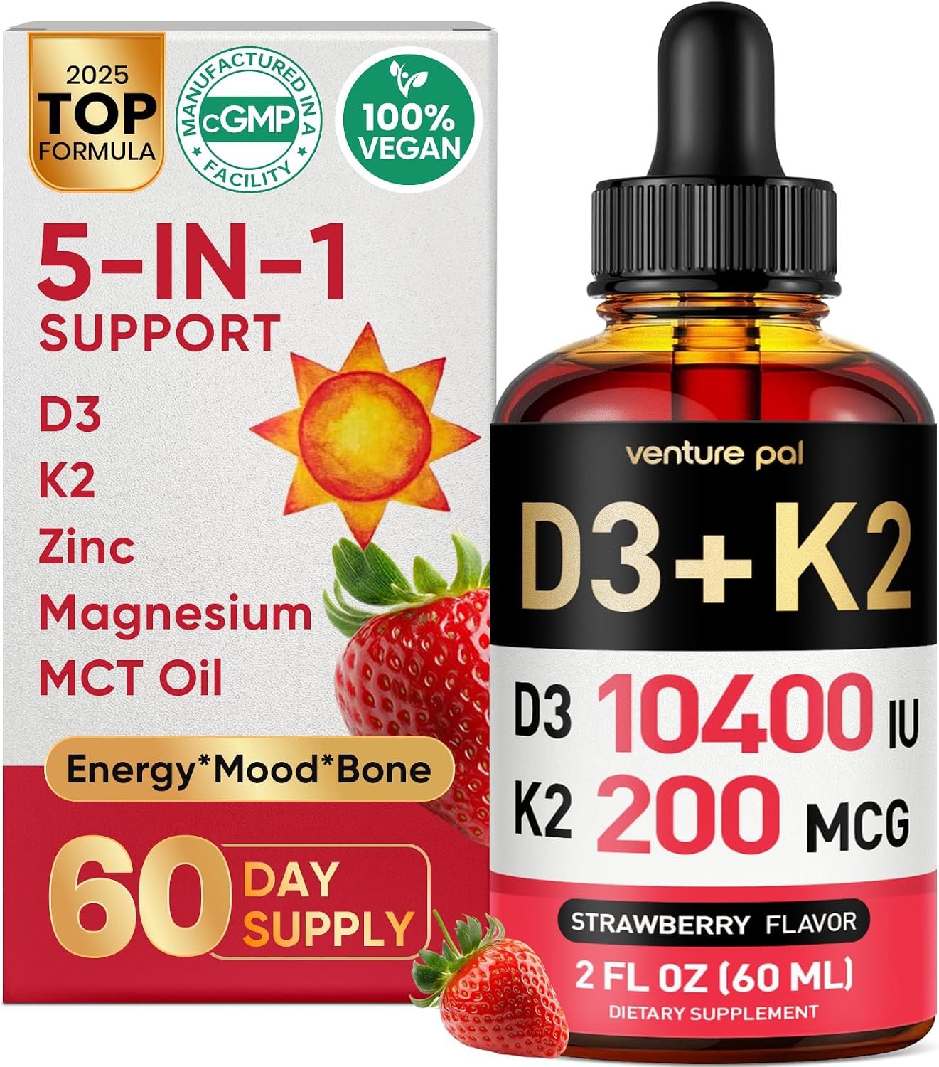 5-in-1 Vitamin D3 K2 Drops, Vitamin D3 10400 IU & K2(MK-7) 200mcg