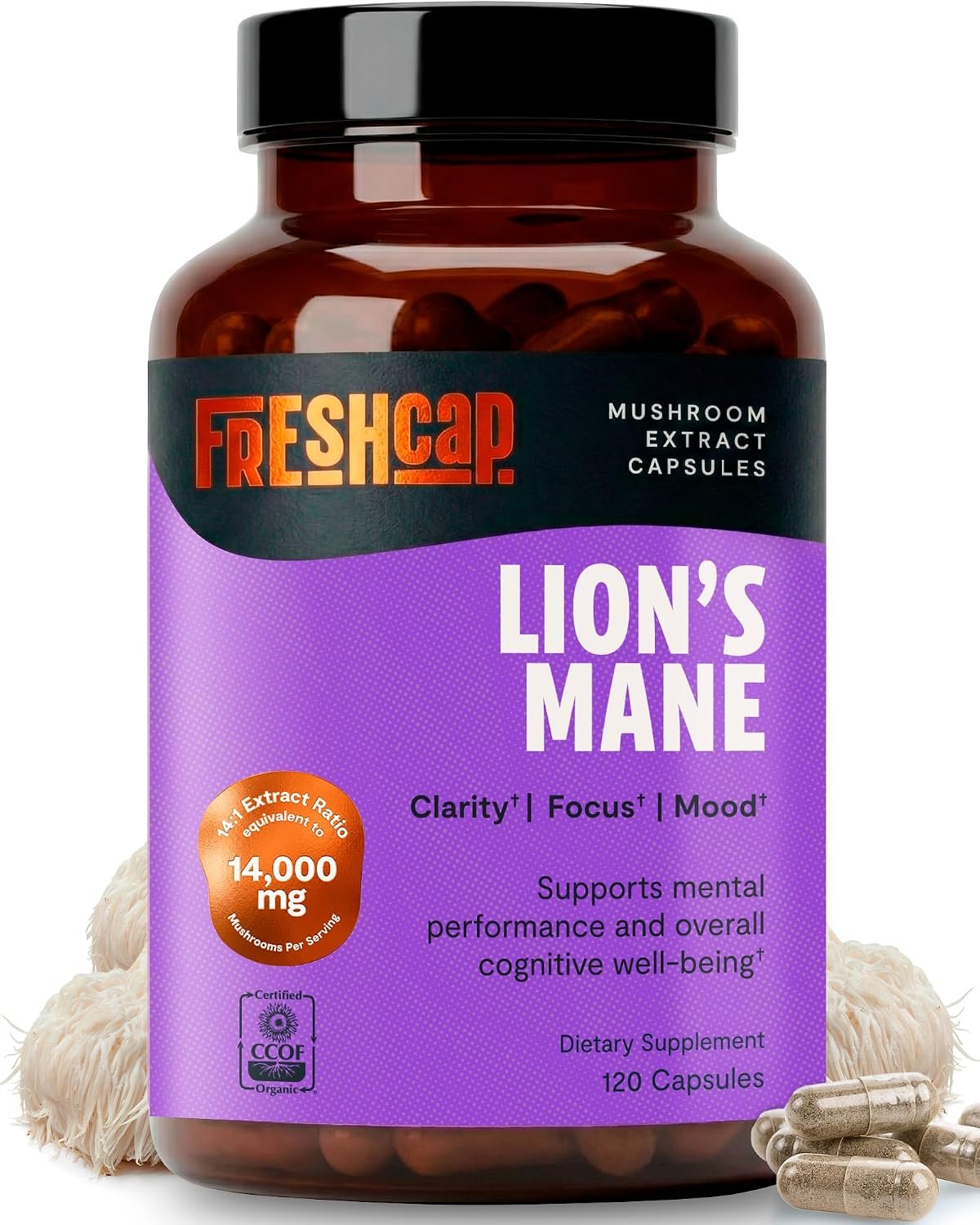 Freshcap Lions Mane Mushroom Supplement – Cognitive Support, 120 Capsules