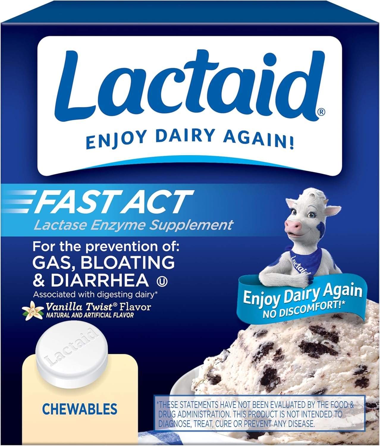 Lactaid Fast Act Lactose Intolerance Relief Chewables, Vanilla Twist, 60 Ct