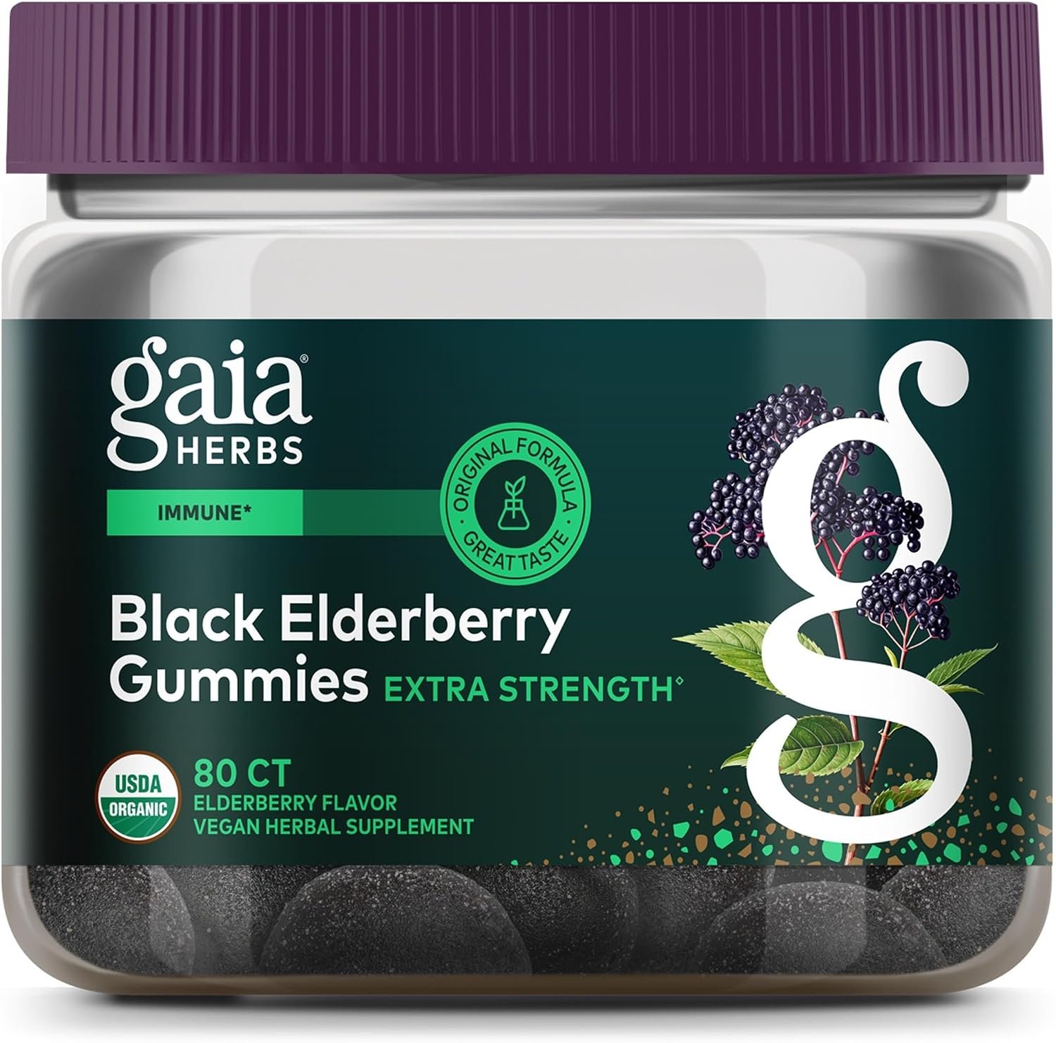 Gaia Herbs Black Elderberry (Sambucus nigra) Extra Strength, 80 Gummies