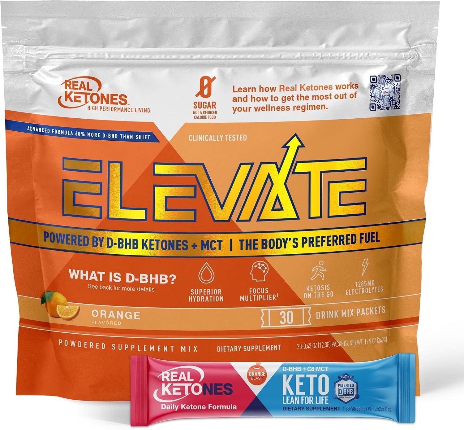 Real Ketones MCT & BHB Exogenous Ketones Drink Mix Packets Elevate Keto Electrolytes Powder Packets No Sugar with 4 Main Electrolytes Plus Hydrating Proprietary Keto BHB – 30 Pack Orange
