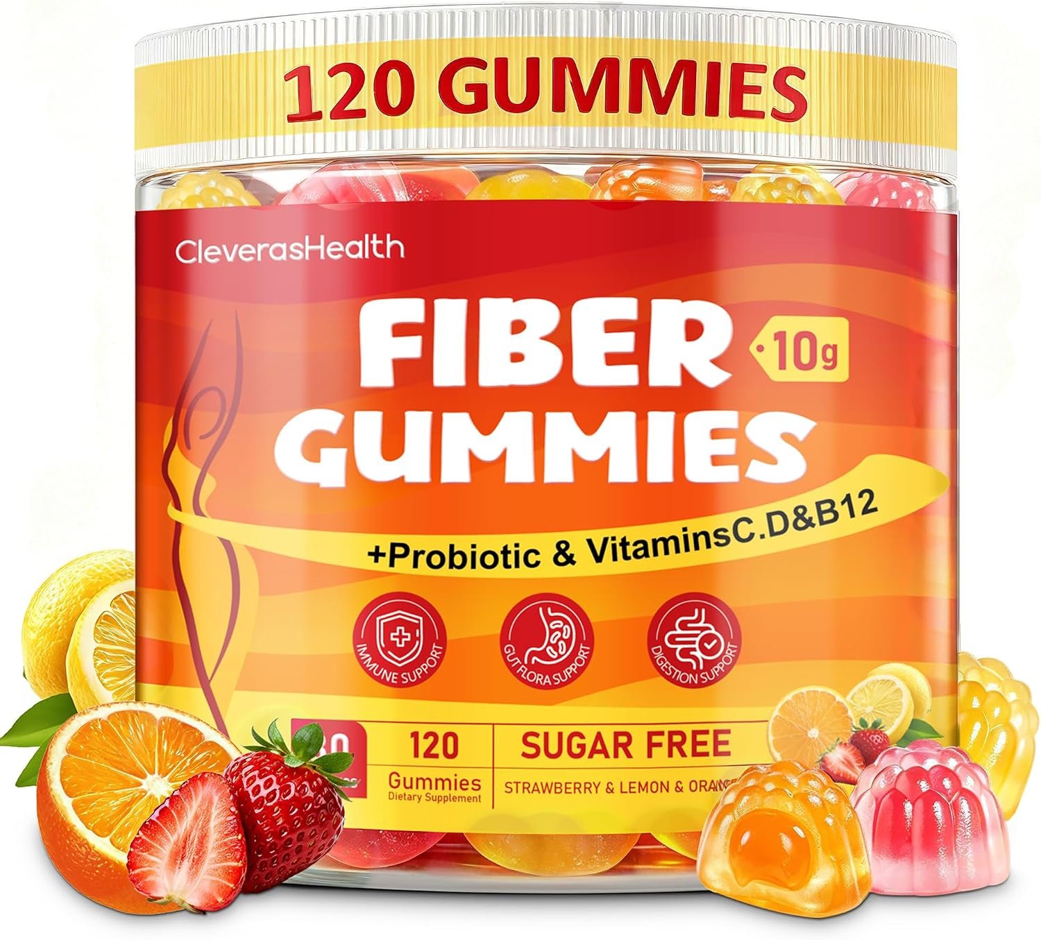 10G Fiber Gummies for Adults with 30 Billion CFU Probiotics,Vitamins C, D, B12,Electrolytes – Supports Digestive Health & Relieves Constipation and Bloating,Sugar Free – 120 Count