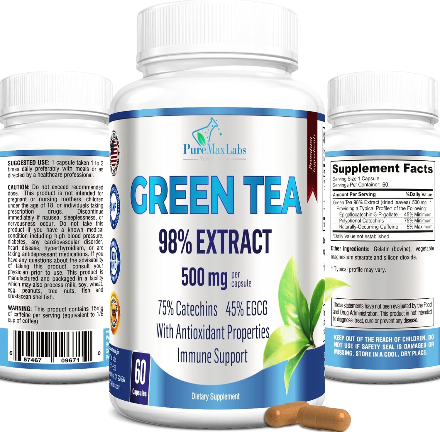 YUMMYVITE Green Tea Extract 98% – 3X Strength, 75% Polyphenol Catechins, 45% EGCG, Super Antioxidant – 60 Capsules