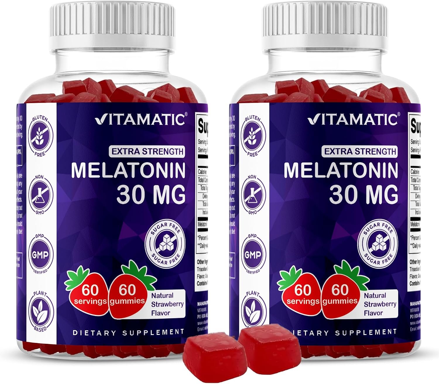 Vitamatic Sugar Free Melatonin 30mg per Gummy – 60 Servings – 60 Vegetarian Gummies – Non-Habit Forming Supplement (60 Count (Pack of 2))
