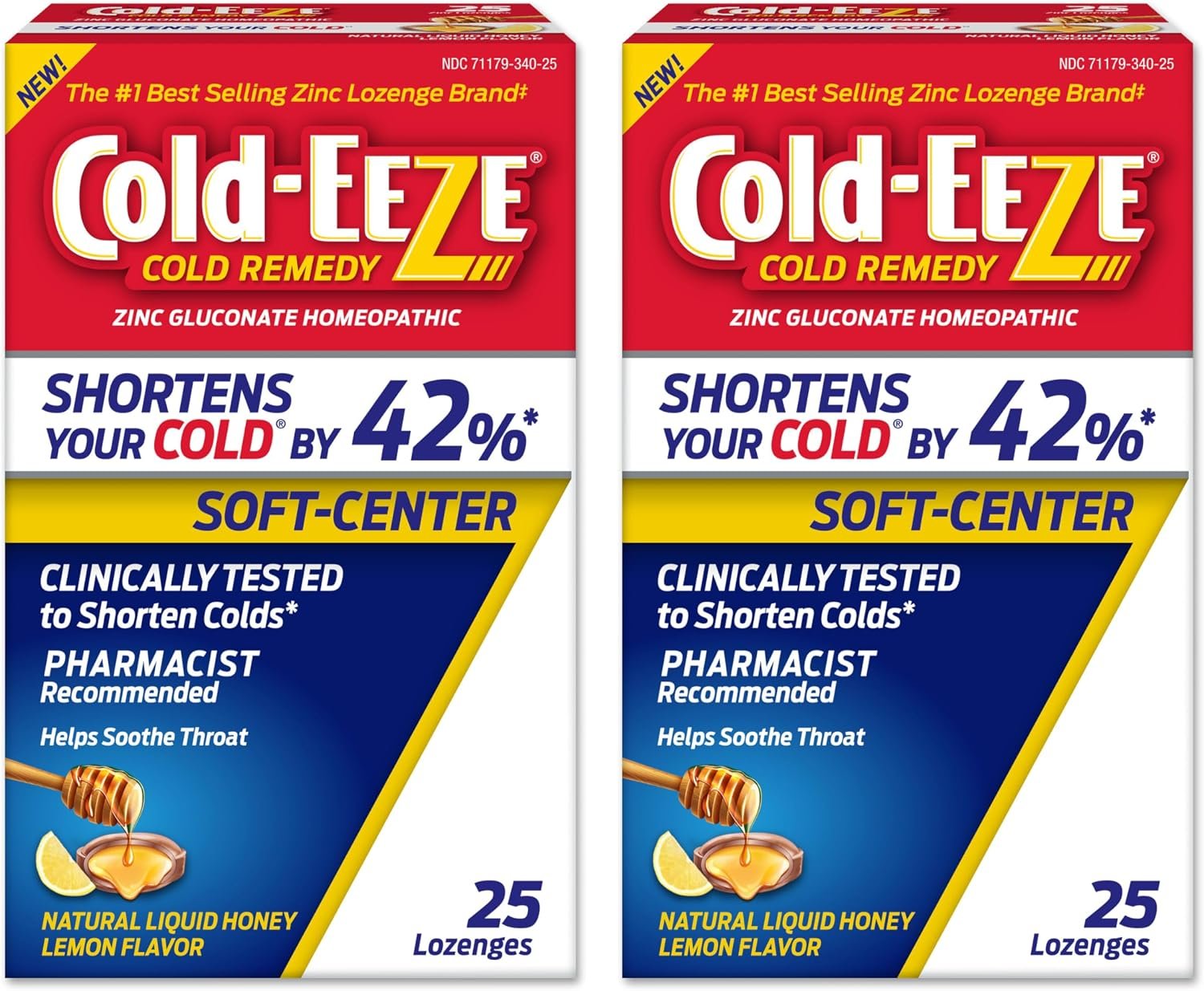 Cold-Eeze Soft-Center Honey Lemon Zinc Lozenges, 25 Count, 2 Pack