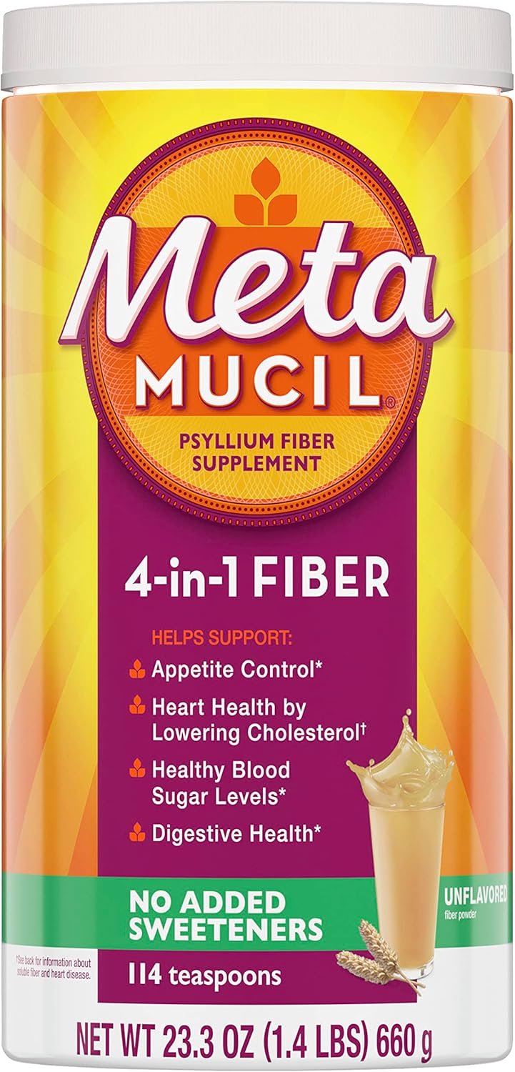 Metamucil, Daily Psyllium Husk Powder Supplement, Sugar-Free Powder, 4-in-1 Fiber for Digestive Health, No Added Sweetener, 114 teaspoons