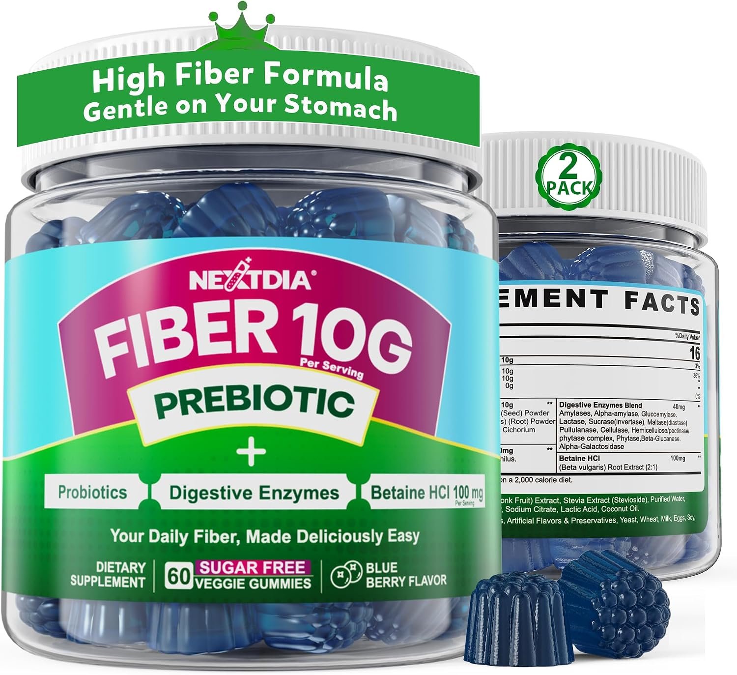 Nextdia Fiber Gummies for Adults, 10g Prebiotic Fiber Gummies,120 Counts