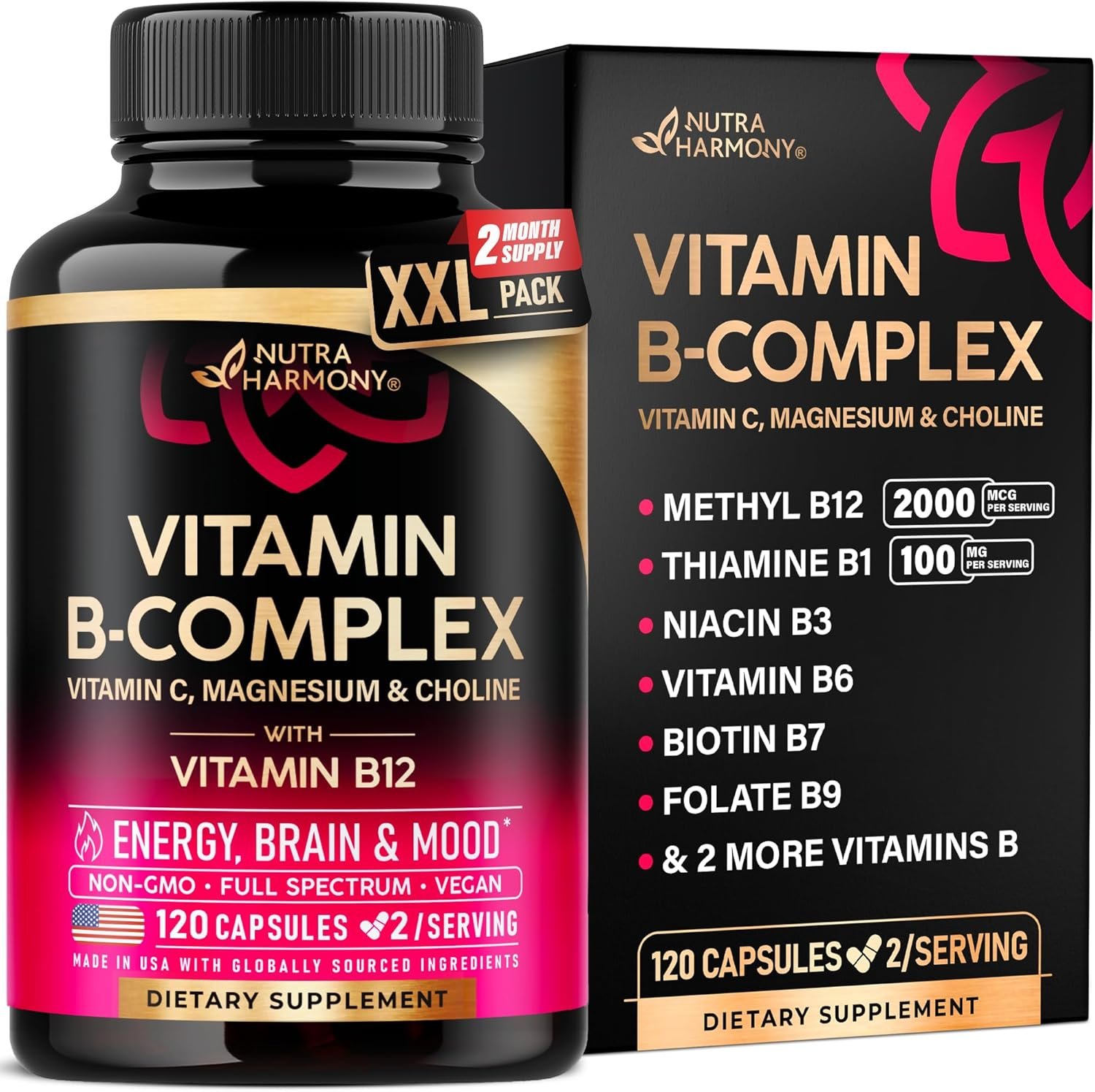 Vitamin B Complex for Men & Women – Full B-Complex & Vitamin B12 – 120 Caps