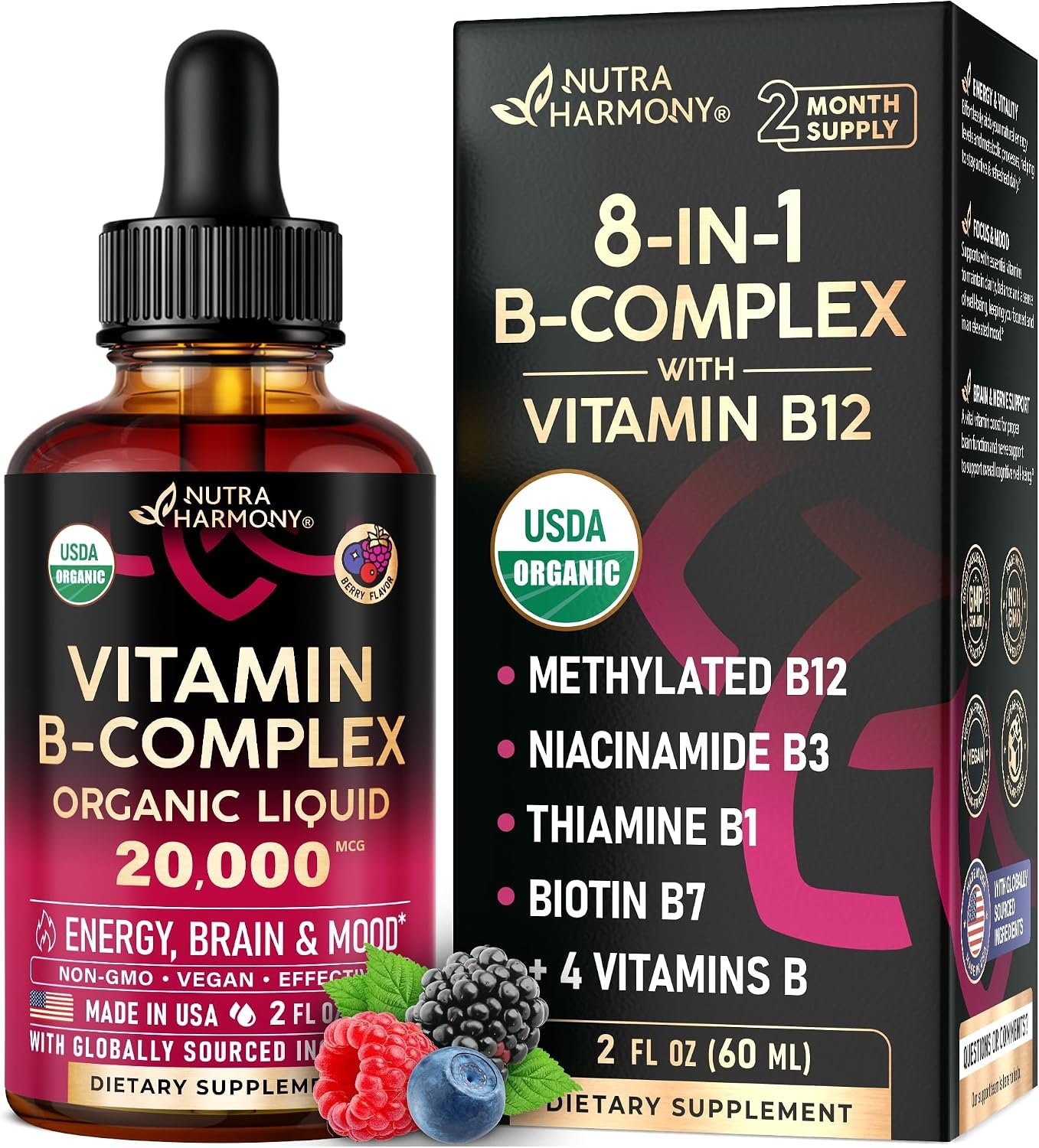 USDA Organic Vitamin B-Complex 20000mcg – B5, B12, B1, B6, B7, B9, B3 – 2Oz