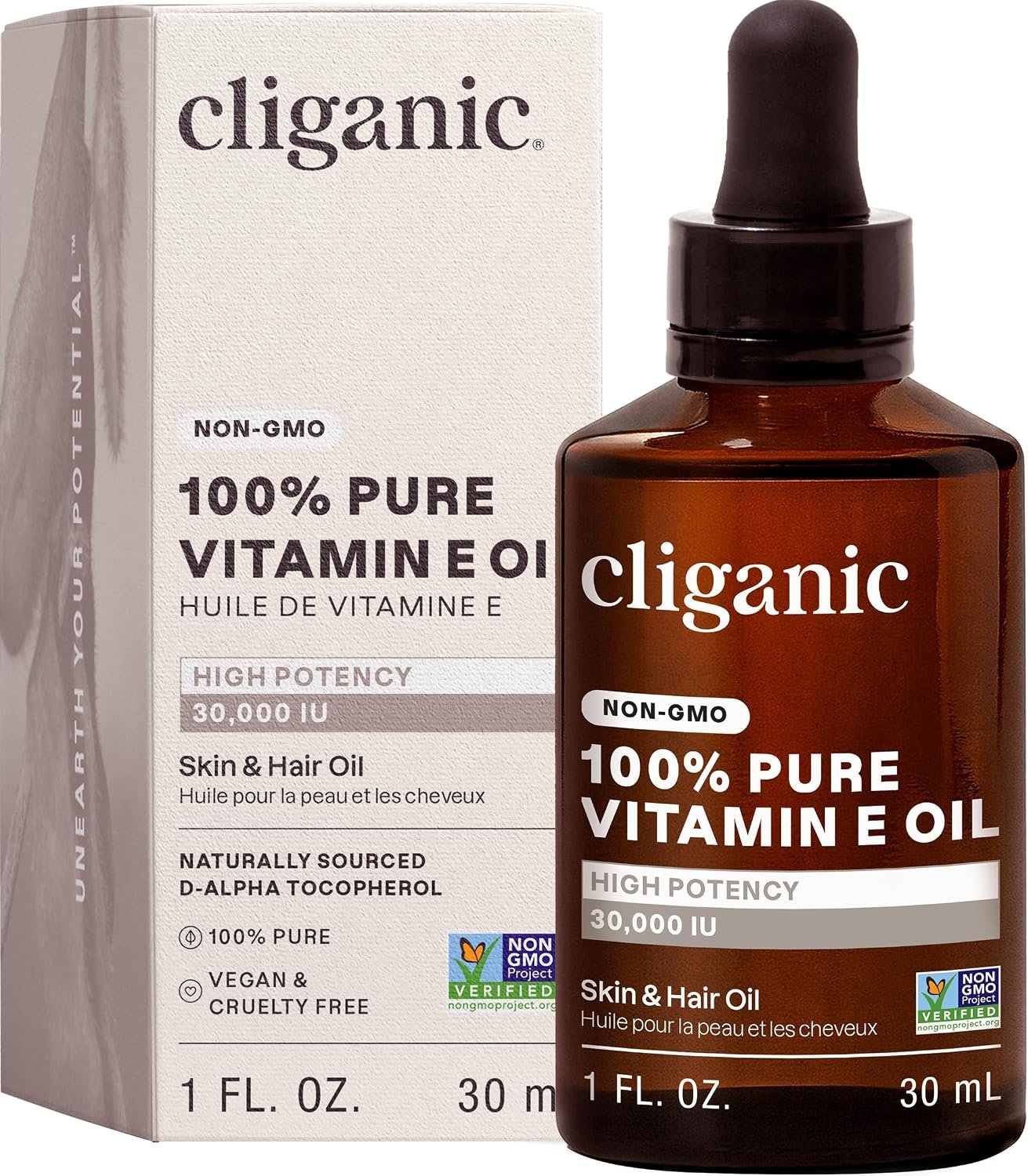 Cliganic Pure Vitamin E Oil for Skin, Scars, Hair & Face – 30,000 IU, Non-GMO Verified | Natural D-Alpha Tocopherol