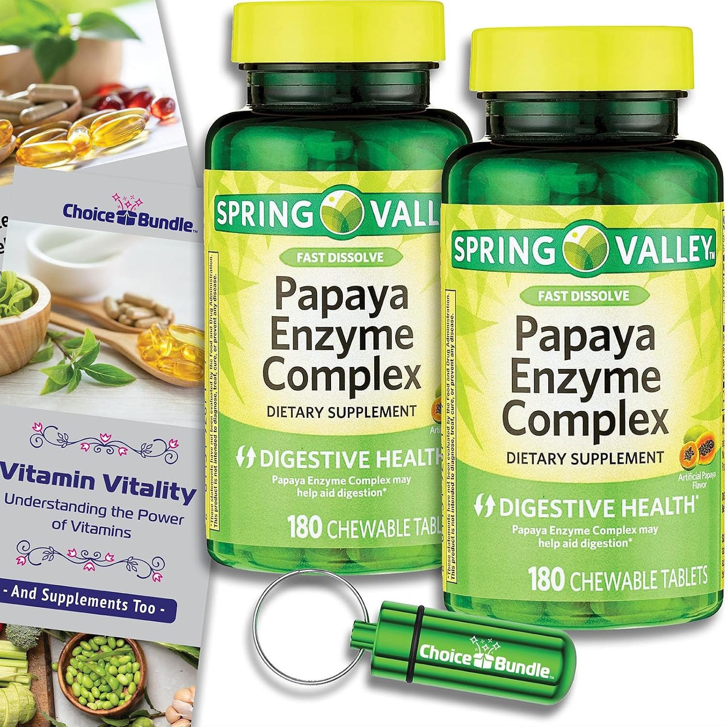 Choice Bundle Spring Valley Papaya Enzyme Complex Chewable Tablets Dietary Supplement 180 Ct 2 pk (360 Total) – Plus Vitamin Guide & Pill Container (4 Items)!