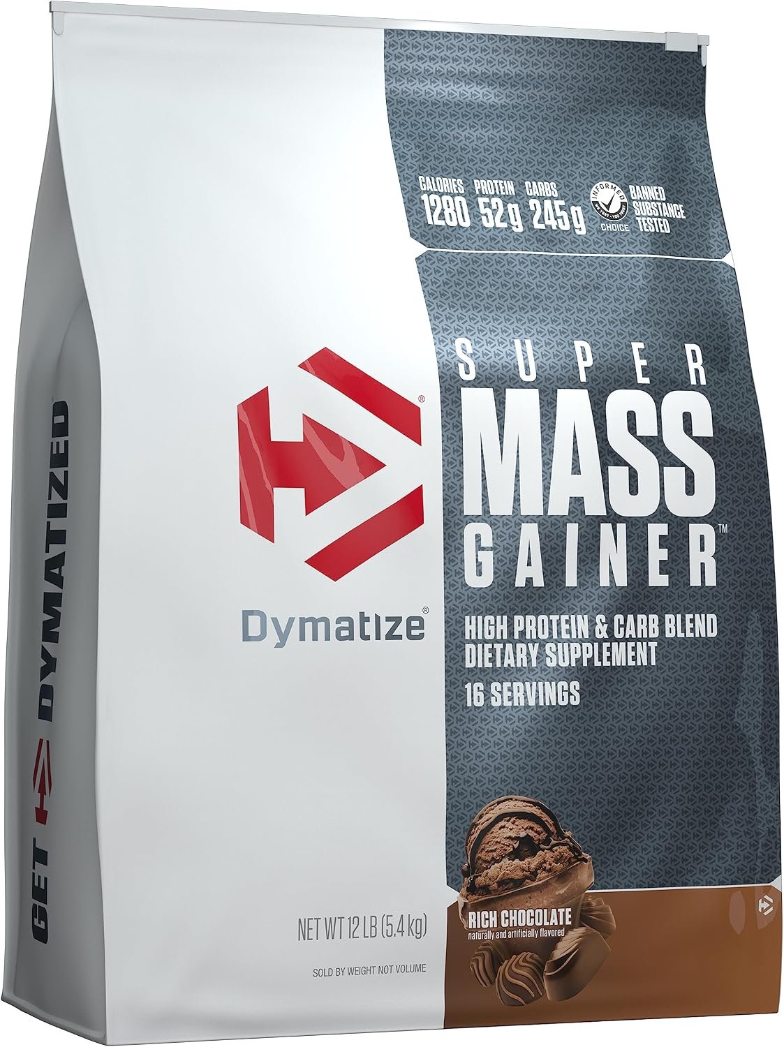 Dymatize Super Mass Gainer Protein Powder, Rich Chocolate, 52g Protein, 1g Creatine, 1280 Calories, 10.7g BCAAs, 245g Carbs, Contains Whey Protein Powder, Isolate, and Casein (16 Servings)