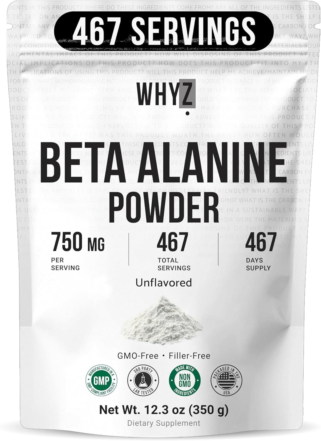 WHYZ Beta Alanine Powder Pure Beta Alanine Pre-Workout Supplement for Sustained Energy for Men and Women, Alanine Supplement for Endurance, 467 Servings, 350g (12.3 lb)