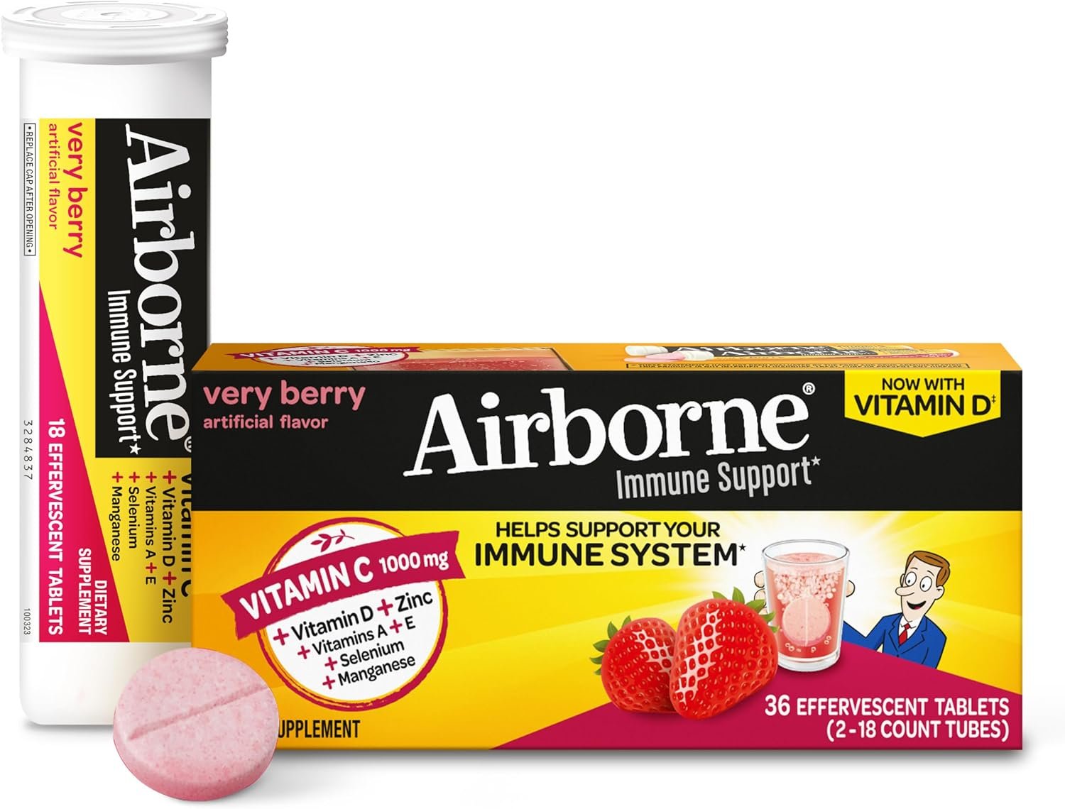 Vitamin C 1000mg (per serving) – Airborne Very Berry Effervescent Tablets (36 count in a box), Gluten-Free Immune Support Supplement, With Vitamins A C E, ZINC, Selenium, Echinacea & Ginger