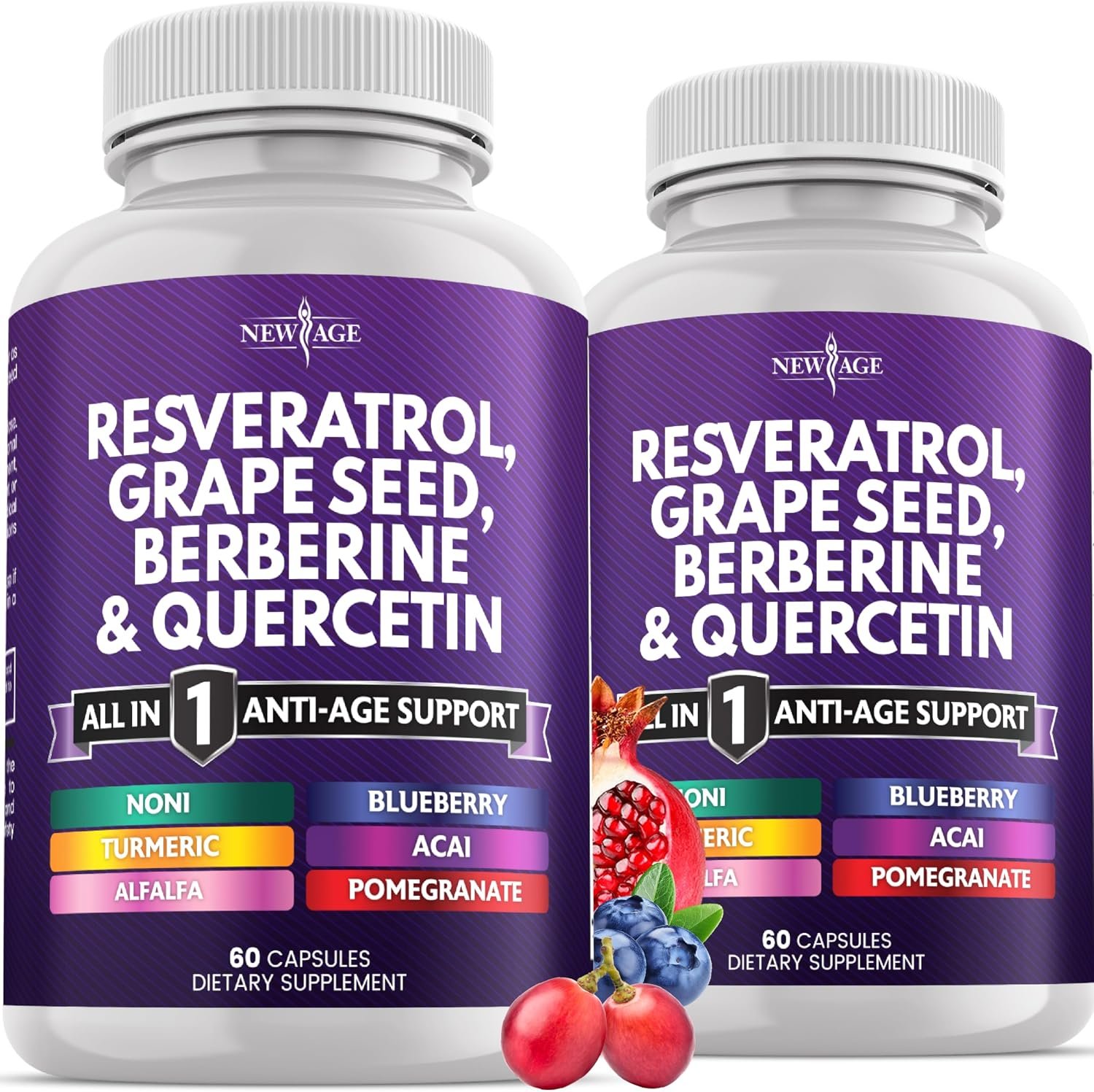 NEW AGE Resveratrol, Berberine, Grape Seed Extract, Quercetin, Polyphenol Supplement for Women and Men with Noni Extract, N-Acetyl Cysteine, Acai Extract – 120 Capsules