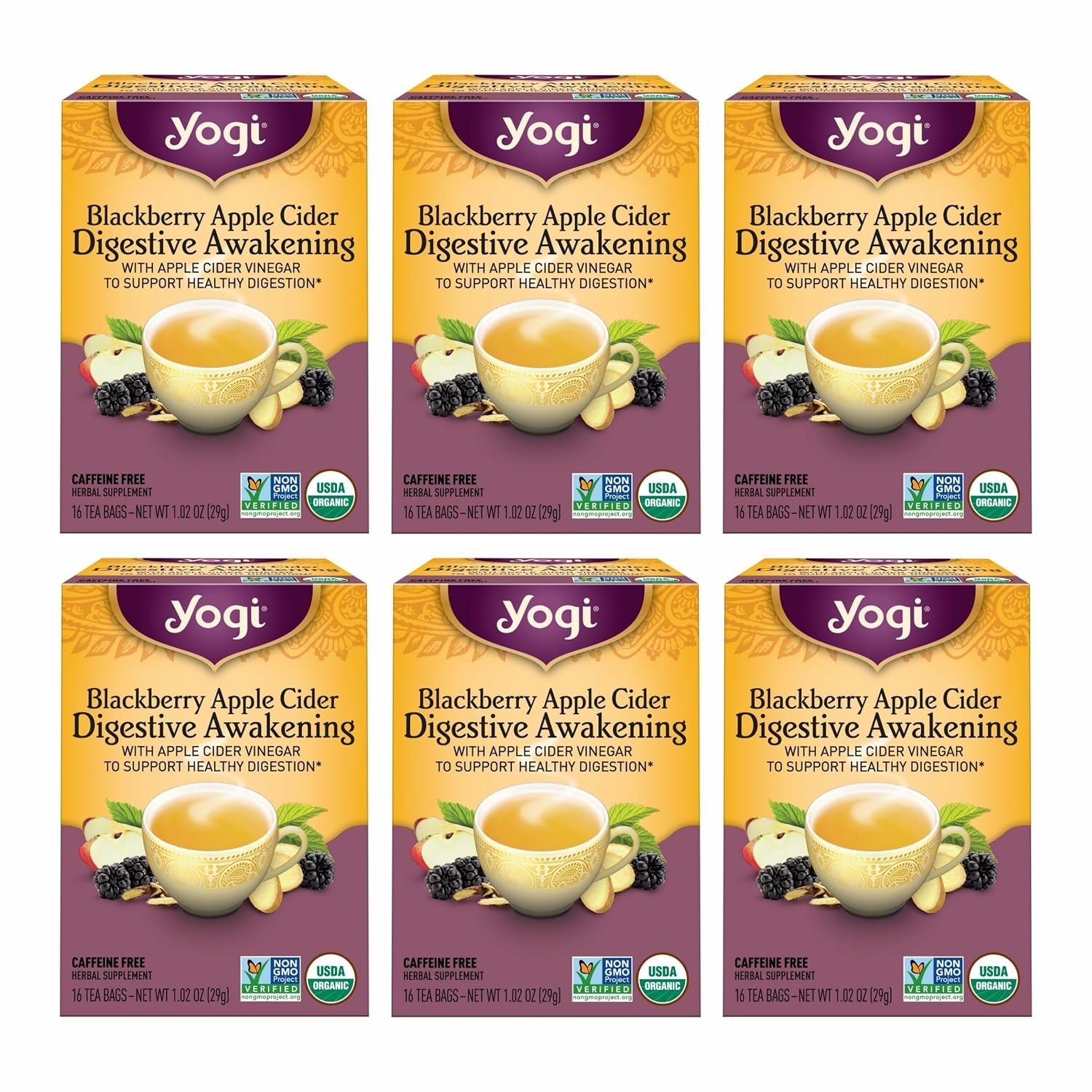 Yogi Blackberry Apple Cider Digestive Awakening Tea, 16 Tea Bags (6 Pack)