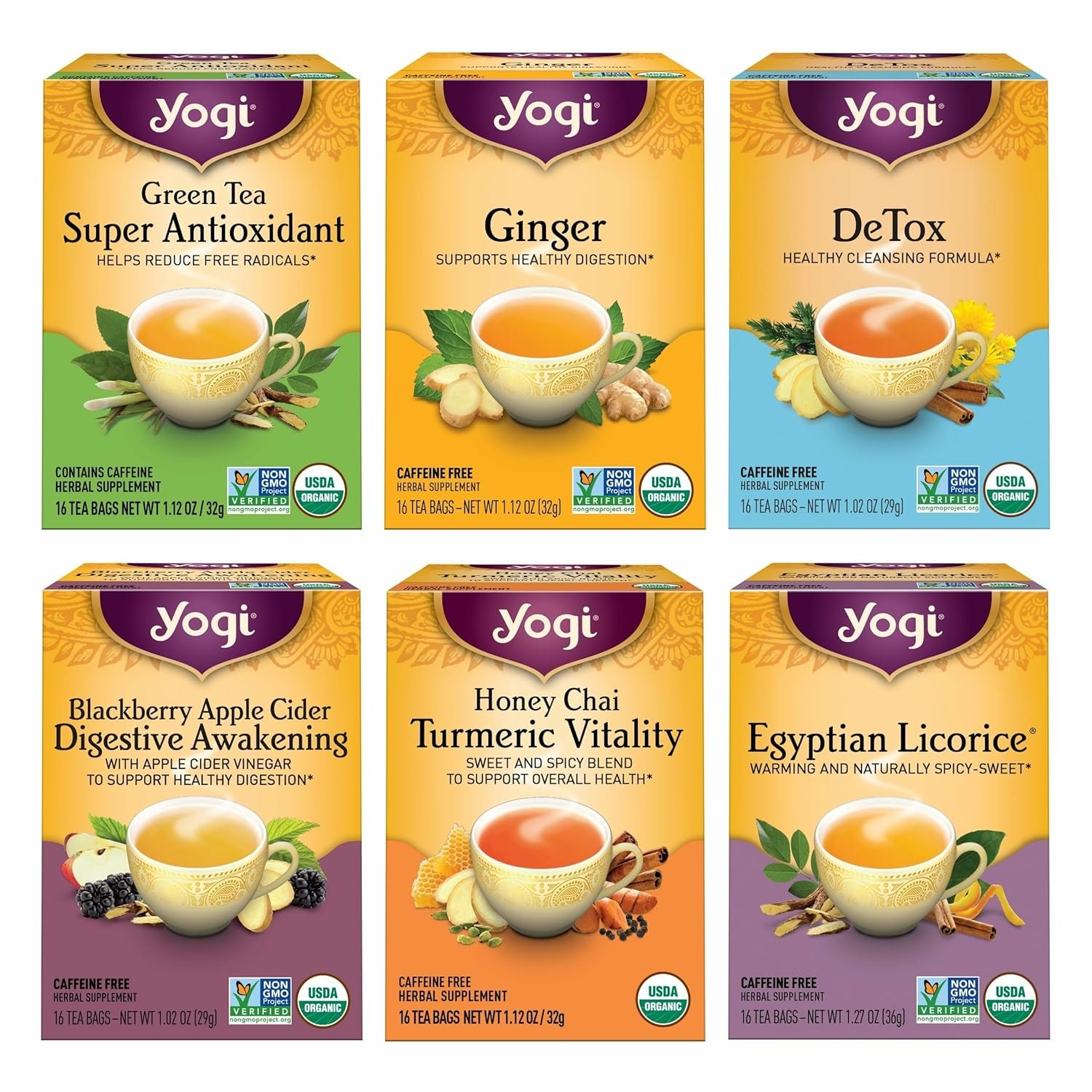 Yogi Digestion & DeTox Sampler Pack, 16 Tea Bags (6 Pack)